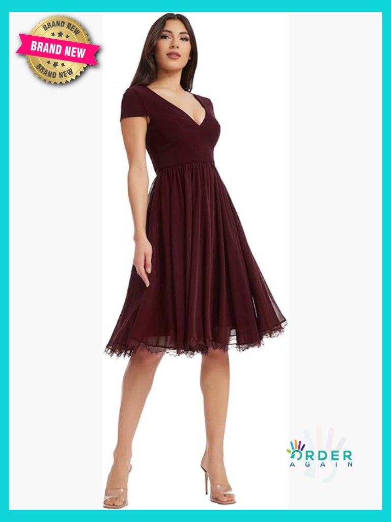 Chiffon A-Line Midi Dress Cap Sleeve V-Neck Lace Trim Elegant Cocktail Party